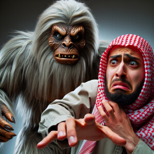 a man being chased by super big angry Saqustch ,close-up shot