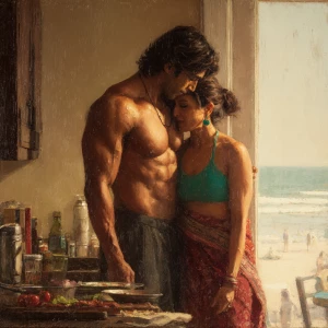 Hyperrealism painting.a muscular sweaty indian man standing be...