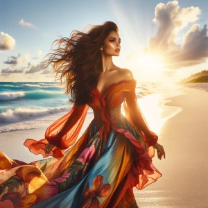 A captivating depiction of a free-spirited woman confidently wal...