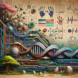 circuitry, diagrams Cellular structures, DNA, circuit boards, colorful wires,  asian and Egyptian  graffiti, lie detector graphs, cardio, printout , branches infinity sign, cave, Art, handprints, distant birds flying, flowering vines, abstract gestural painting, dna