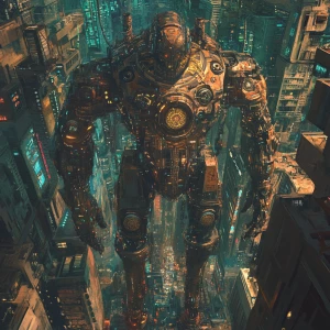 In an otherworldly holo-deck scenario, a towering figure of a mechanical golem with intricate clockwork gears and glowing runes etched into its metallic surface looms over a labyrinthine urban setting. The image, a digital painting, captures the golem amidst a backdrop of avant-garde cityscape designs and abstract geometric shapes. The details shimmer with a surreal brilliance, from the shimmering bronze hues of the golem's body to the pulsating neon lights that dance across the architecture. This high-definition image immerses the viewer in a mesmerizing fusion of ancient mysticism and futuristic urban chaos.