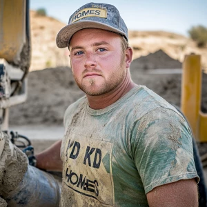 Brian Nobles a real 28 year old Caucasian male who is using  a concrete mixer, he is a  pump operator holding the hose which carries the liquid concrete to the foundation pour, Brian is slowly  beginning his transition into adult maturity , Brian Nobles is beginning to look like a grown man, he has large reflective blue eyes and a wrinkled brow,Brian is now balding , prominent large protruding round fat obese belly,,thick goatee beard, healthy muscle mass ,very noticeable male pattern balding hairline, Brian Nobles now has a  prominent receding and thinning male hairline (onset male pattern baldness), slightly fat overweight(Caucasian)wearing tight body conforming  glossy satin shiny green and gold tight fitting body conforming UnderArmour athletic bodysuit,emblazoned with the "KD HOMES" real estate logo, standing confidently in front of a newly completed constructed new KD HOME in Victorville California in a raw desert landscape. Brian has a protruding fat obese muscular physique, large male bulge, fat obese muscular frame , shows a substantial frame with a noticeable mature hairline and expressive eyes. His workman’s  pose should reflect his experience in his trade.