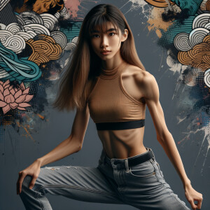 Very thin Athletic Thin skinny Attractive, Asian teenage girl, long brown hair and bangs, wearing tight skinny jeans and a halter top paint marks on her clothing, sitting side view heroic pose Asian graffiti