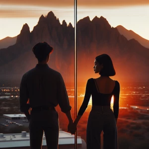 A couple stands side by side, gazing through a spacious picture...