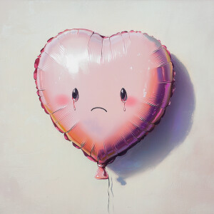 Create an image of a heart-shaped balloon with a sorrowful facia...