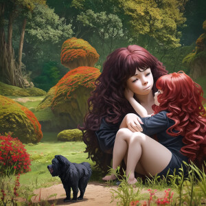 Generate a photo a Newfoundland dog next to a two year old girl...