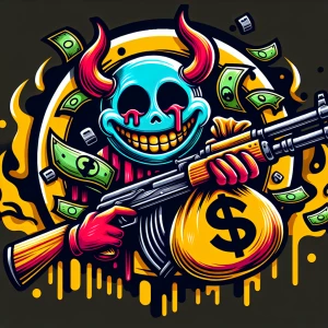 Design a cartoon-style circular logo featuring a cheeky demon we...