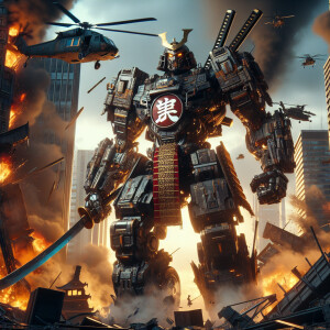 Japan as a transformer character, adorned with samurai costume a...