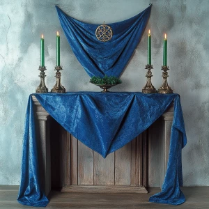 Magical altar draped with a blue cloth, featuring green candles,...