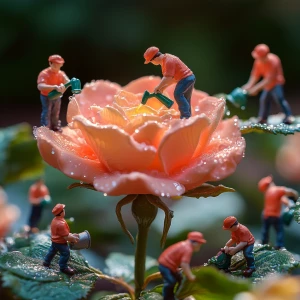 Miniature gardener characters in specific brightly colored garde...