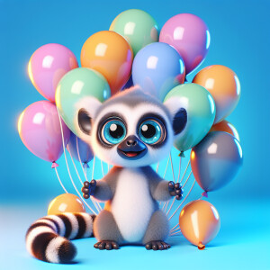 Lemour with balloons on blue background in cute little monsters...