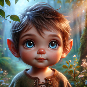 An elven baby with dark brown skin, blue eyes, and blonde hair.