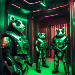 panda bears with guns in shiny robotic suit with green lights at...