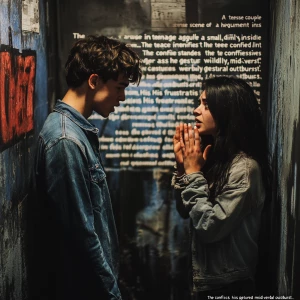 “A tense scene of a teenage couple in a heated argument inside a small, dimly lit room. The confined space intensifies the conflict. The teenage male stands aggressively, his face contorted in anger as he gestures wildly, mid-verbal outburst. His frustration dominates the space, while the teenage female has her back to him, creating a stark emotional and physical divide. Her shoulders are slumped, hands covering her face, partially hiding her tears, symbolizing deep sadness. Dramatic lighting casts harsh shadows, emphasizing the pain and distance between them. The atmosphere is thick with raw emotion, capturing the turmoil of a strained relationship and the impact of hurtful words.” Make without captions