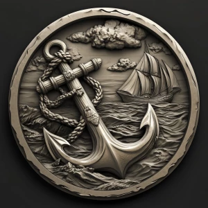 a bas relief of a fouled anchor in front of a seascape with a Na...