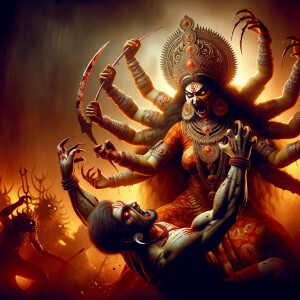 Portrait of angry four-armed goddess durga slaying mahishasur by carrying him in her arms and stabbing him with her red long nails. she should wear Gold jewelry all over the body. Mahishasur should have wounds all over his body. mahishasur should be smaller in size compared to Goddess durga. Background is an intense battlefield. reddish hue everywhere and sunset in the background.  Epic scene. 4k, HDR.