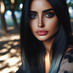 A very attractive young woman with straight dark blue hair and d...