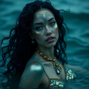 "In the moonlit ocean, Mami Wata emerges, her skin shimmering wi...