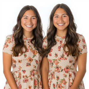 Cute twin Sisters 

A cute woman

Smiling 

Clothes: Floral Dres...