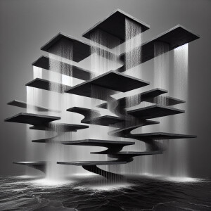 Design a floating waterfall fountain where thin black slate slab...