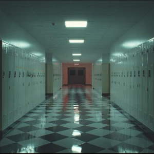 90s VHS aesthetics minimalistic school hallway