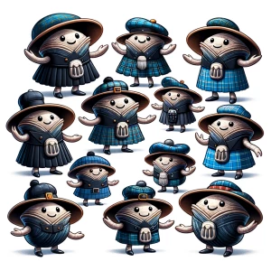 A group of clams, each wearing a matching dark blue Scottish kil...