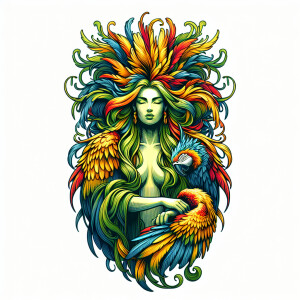 Design an image depicting a majestic Parrot Goddess emanating an...