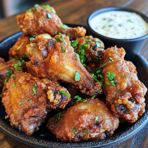 Create an image of deep-fried whole chicken wings with a crispy...