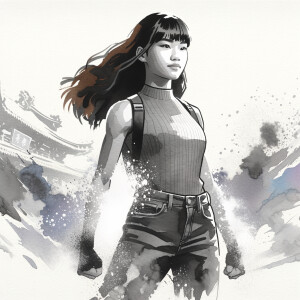 Athletic Thin skinny Attractive, Asian teenage girl, long brown hair and bangs, wearing tight skinny jeans and a halter top paint marks on her clothing, heroic pose Asian graffiti background, side view