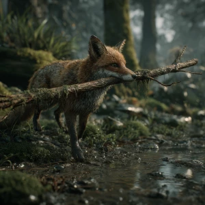 A cinematic wide shot of an enchanted forest after heavy rain. T...