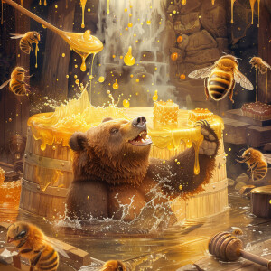 Big bear is swimming in the barrel of honey