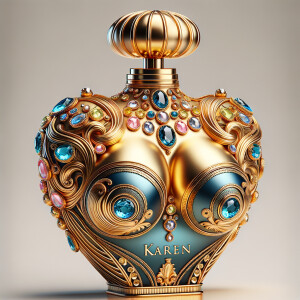Create a 3-D realistic gold and blue, colorful jewels perfume b...