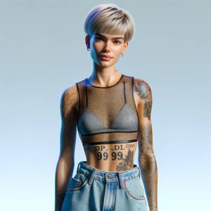 A realistic photo of Miley Cyrus wearing a mesh bikini top and j...
