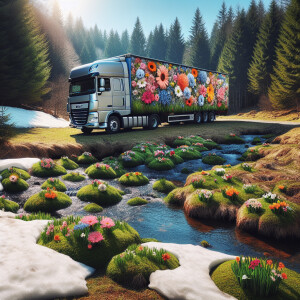 Tractor-trailer Daf stands in a spring forest. Large flowers lie...