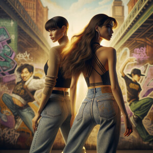 Athletic Thin skinny Attractive, Asian teenage girl, long brown hair and bangs, wearing tight skinny jeans and a halter top paint marks on her clothing, heroic pose Asian graffiti background, backside view