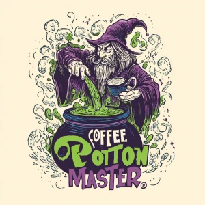 /imagine hand-drawn wizard in a fantasy robe brewing coffee in a...