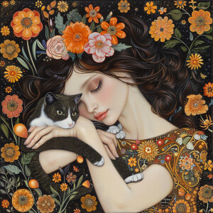 Create an image of a stunning woman adorned with flowers in her...