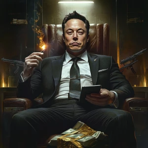 Elon Musk wearing a sharp tailored suit and holding a lit cigar,...