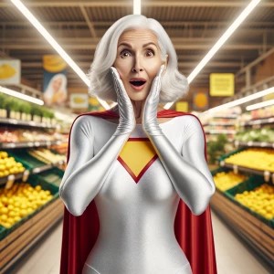 > A surprised elderly woman superhero standing in a fruit store...