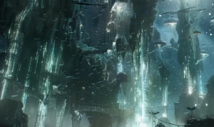 A cinematic, awe-inspiring alien forest cathedral, viewed from a...