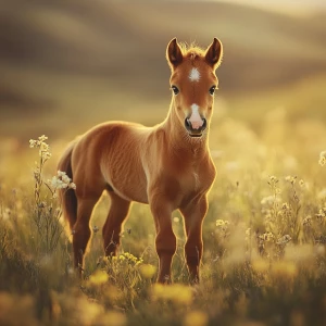 A stunningly realistic chestnut baby horse (foal) standing in a...