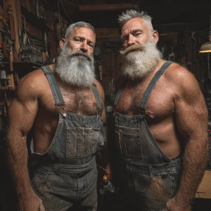 Two muscular men with beards and fade haircuts, sporting gray ha...