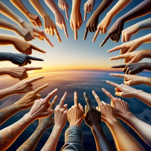 Generate a hyper-realistic detailed image of several hands point...
