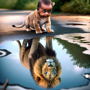 C A curious baby lion cub looking into a puddle of water with a...