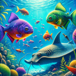 Purple and green piranha playing with a stingray