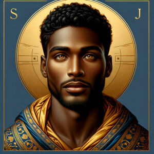 Create a beautiful African-American Jesus Christ with Hazel, brown eyes and blue and gold robe