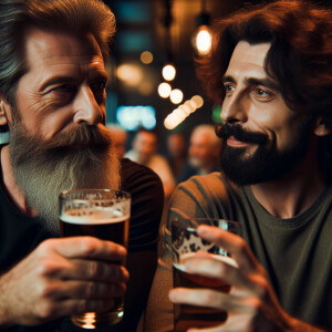 Charles Manson and Ron Jeremy in a bar together drinking a beer
