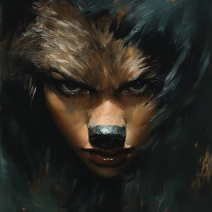 A symbiote woman's face transforming into a bear's snout.