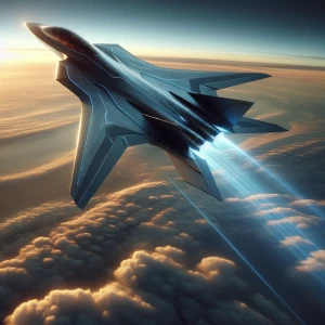 The image portrays a futuristic rendition of the F-35 Lightning...