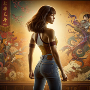 Athletic Thin skinny Attractive, Asian teenage girl, long brown hair and bangs, wearing tight skinny jeans and a halter top paint marks on her clothing, heroic pose Asian graffiti background, backside view